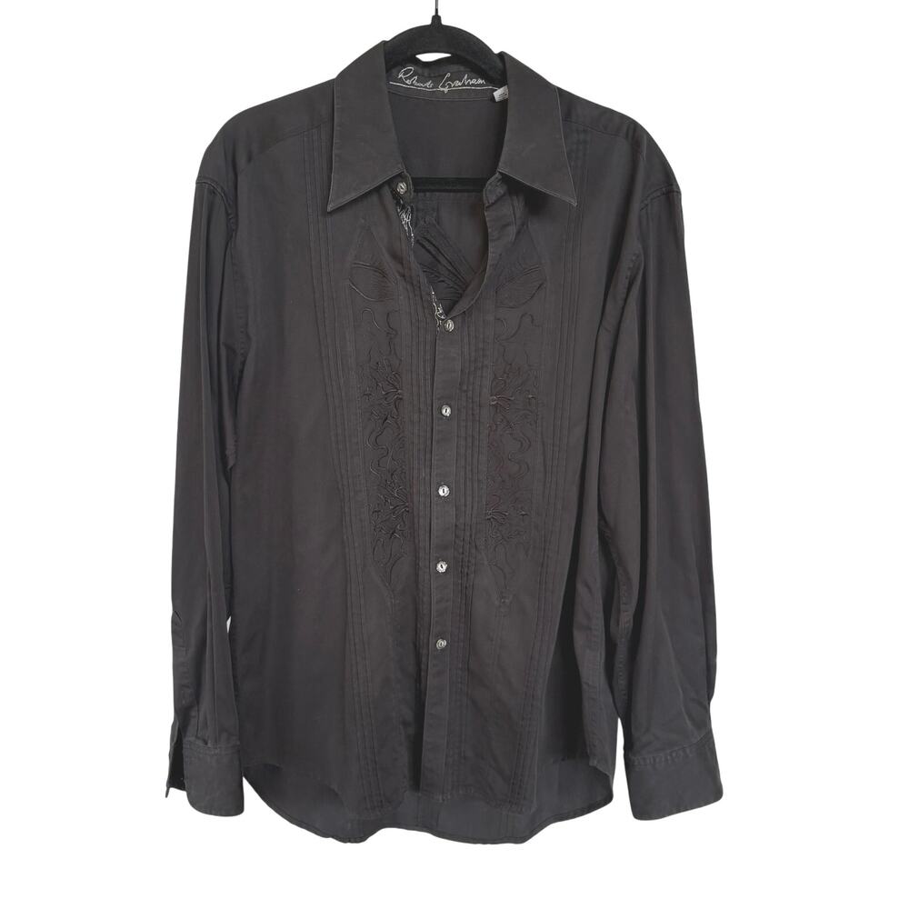 Robert Graham Embroidered Black Button Down Dress Shirt Classy Mens Large